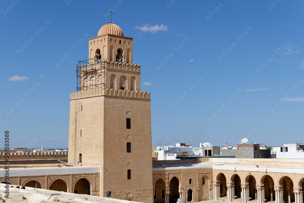 View of the Great Mosque of Kairouan in Tunisia. Medina of Kairouan UNESCO. The Great Mosque is an architectural masterpiece that served as a model for several other Maghreban mosques. Minaret.