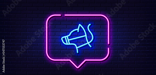 Neon light speech bubble. Dog on leash line icon. Pet in muzzle sign. Animal aggression control symbol. Neon light background. Dog leash glow line. Brick wall banner. Vector