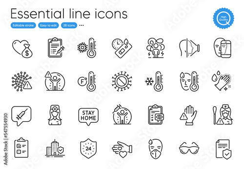 Oculist doctor, Donation and Washing hands line icons. Collection of Covid virus, Vaccine report, Dont touch icons. Checklist, Apartment insurance, Nurse web elements. Social distance. Vector