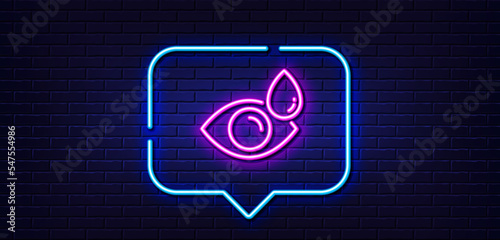 Neon light speech bubble. Eye drops line icon. Oculist clinic sign. Optometry vision symbol. Neon light background. Eye drops glow line. Brick wall banner. Vector