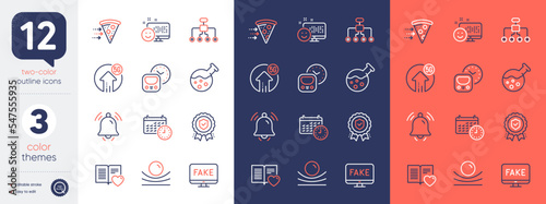 Set of Chemistry lab, Notification bell and 5g upload line icons. Include Fake news, Love book, Insurance medal icons. Elastic material, Metro, Smile web elements. Calendar. Vector