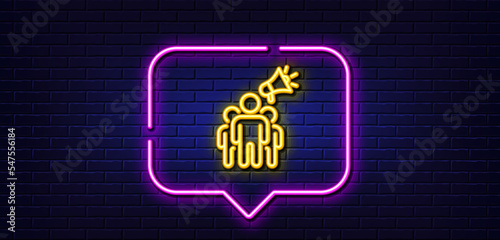 Neon light speech bubble. Brand ambassador line icon. Holding megaphone sign. Advertisement device symbol. Neon light background. Brand ambassador glow line. Brick wall banner. Vector