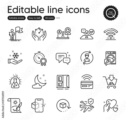 Set of Business outline icons. Contains icons as Creative painting, Shopping and Wifi elements. Timer, Video conference, Flight insurance web signs. Leadership, Hold heart. Vector