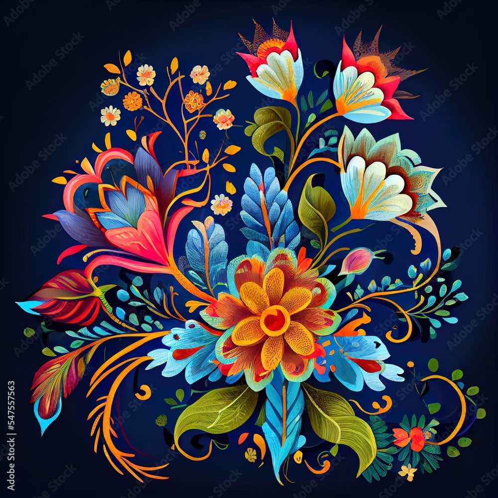 Botanical flowers ethnic motif and mugal art flower banch