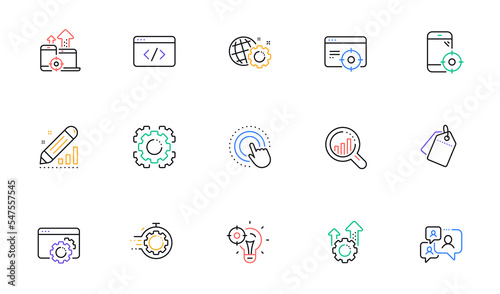 Seo line icons. Website stats, Target and Increase sales signs. Traffic management, social network and seo optimization icons. Linear set. Bicolor outline web elements. Vector