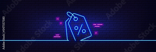 Neon light glow effect. Shopping tags line icon. Special offer sign. Discount coupons symbol. 3d line neon glow icon. Brick wall banner. Discount tags outline. Vector