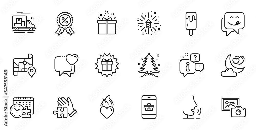 Outline set of Heart, Map and Surprise gift line icons for web application. Talk, information, delivery truck outline icon. Include Puzzle time, Christmas tree, Yummy smile icons. Vector