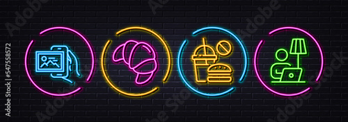 Image album, Fast food and Croissant minimal line icons. Neon laser 3d lights. Floor lamp icons. For web, application, printing. Photo app, Burger with beverage, Fresh bakery. Electric light. Vector