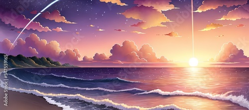 Art for anime series. Ocean. Sunset. Cloud. AI generated art illustration.