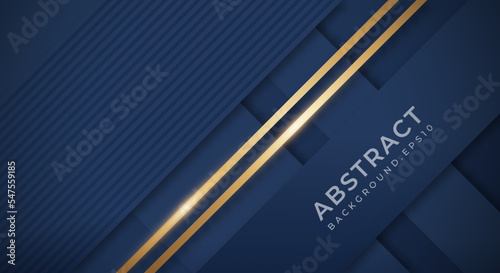 Abstract Dark Blue Background with Golden Lines Luxury Strings. Geometric Backdrop with Textured Paper Layers for Business Presentation Template