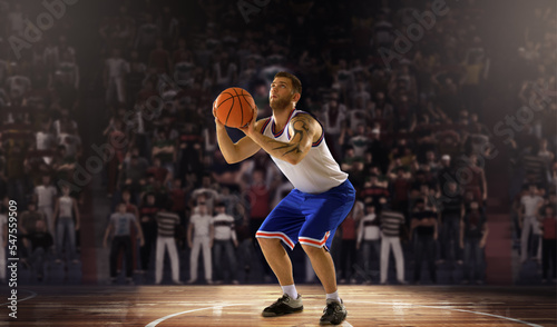 Mature muscular basketball player with tatto on professional court arena 3D rendering with ball