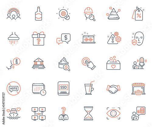 Business icons set. Included icon as Inspect, Time hourglass and Employees handshake web elements. Innovation, Hiring employees, Online market icons. Calendar, Warning. Vector