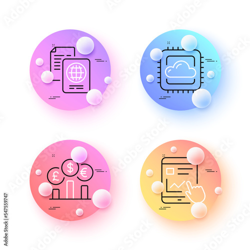 Passport document, Internet report and Cloud computing minimal line icons. 3d spheres or balls buttons. Currency rate icons. For web, application, printing. Vector