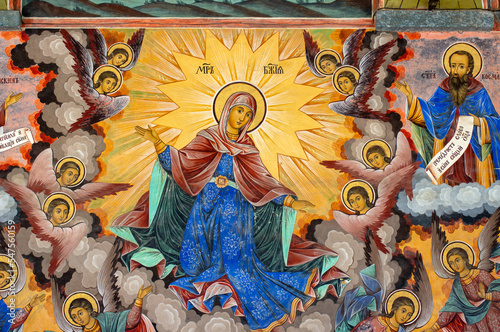 External wall paintings depicting biblical stories at the Monastery of Saint John of Rila, also known as Rila Monastery, Rila, Bulgaria