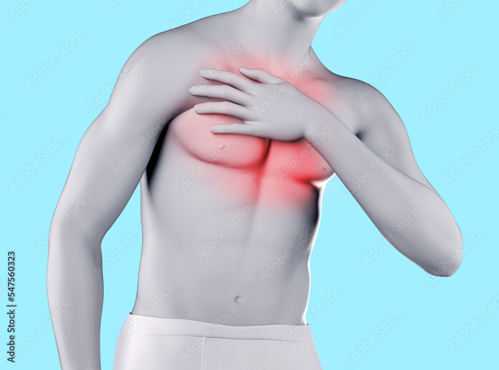Naklejka premium 3d render illustration of male figure with chest pain highlighted area on blue background.