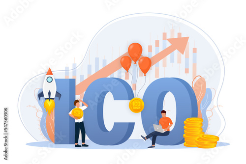 Initial coin offering, ICO Token production process vector illustration. Cryptocurrency trading desk, bitcoin futures, financial technology, blockchain ICO abstract metaphor.