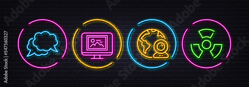 Video conference, Photo thumbnail and Chat message minimal line icons. Neon laser 3d lights. Chemical hazard icons. For web, application, printing. Vector