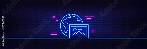 Neon light glow effect. Web photo line icon. Image thumbnail sign. Picture album placeholder symbol. 3d line neon glow icon. Brick wall banner. Web photo outline. Vector