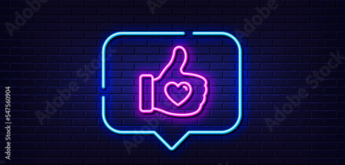 Neon light speech bubble. Like hand line icon. Thumbs up finger sign. Brand ambassador gesture symbol. Neon light background. Like hand glow line. Brick wall banner. Vector