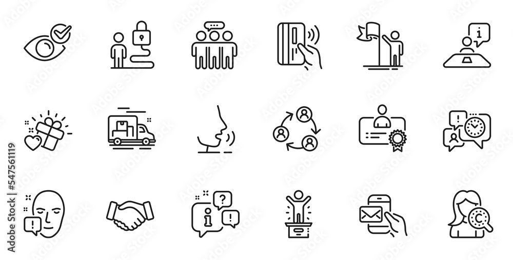 Outline set of Leadership, Winner podium and Love gift line icons for web application. Talk, information, delivery truck outline icon. Include Certificate, Teamwork, Time management icons. Vector Outline set of Leadership, Winner podium and Love gift line icons for web application. Talk, information, delivery truck outline icon. Include Certificate, Teamwork, Time management icons. Vector