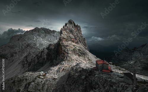 Fotografering Aerial of the Tommaso Pedrotti - Tosa refuge at night in the Brenta Dolomites, I