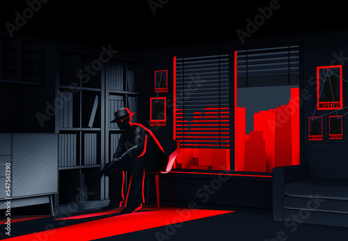 3d render noir illustration of toon crime detective with gun sitting in dark room with red cityscape view and missing posters on wall.