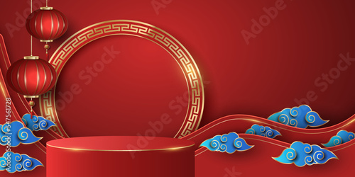 Traditional empty podium for Chinese New Year to display your products. Luxurious round frame with asian pattern. Red and golden lanterns with decorative blue clouds. Mockup sale design. Vector