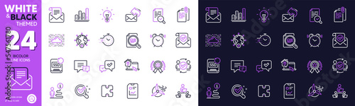 Mail newsletter, Comment and Timer line icons for website, printing. Collection of Chemistry lab, Share mail, Inspect icons. Puzzle, Support, Work home web elements. Teamwork, Idea, Approve. Vector
