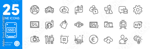Outline icons set. Idea gear, Service and Sale tags icons. Warning, Puzzle, Photo web elements. Repairman, Quiz test, Cloud sync signs. Taxi, Refer friend, Time management. Bumper cars. Vector