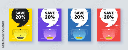 Poster frame with quote, comma. Save 20 percent off tag. Sale Discount offer price sign. Special offer symbol. Quotation offer bubble. Discount message. Vector