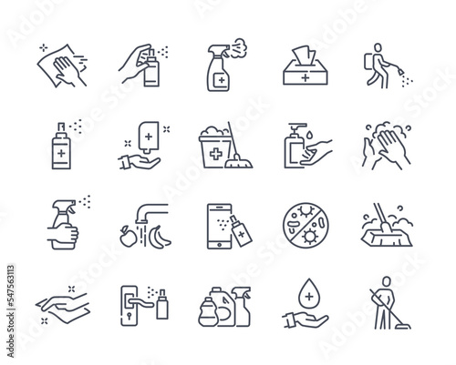 Set of simple icons related to disinfection. Cleaning equipment, mop and bucket, detergent bottles, Prevention of viral infections. Cartoon linear vector collection isolated on white background