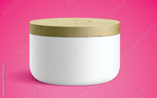 Cosmetics white container covered with a wooden lid. Realistic vector mockup of the small size round ceramic or plastic jar, for perfume branding, standing on a pink background.