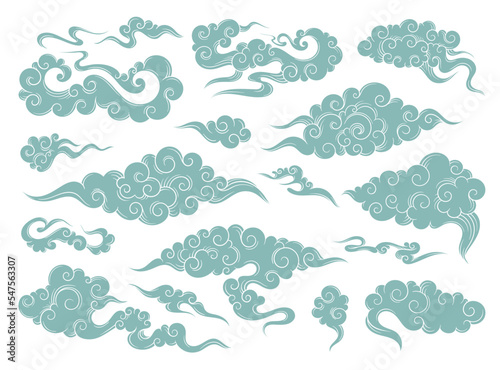 Set of hand drawn clouds in oriental style. Japanese decorated pattern with wavy lush clouds with white outline. Design elements for brand. Cartoon flat vector collection isolated on white background