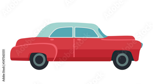 Colorful Cuban element. Sticker with beautiful red retro car. Vintage luxury vehicle or automobile. Design element for social networks. Cartoon flat vector illustration isolated on white background