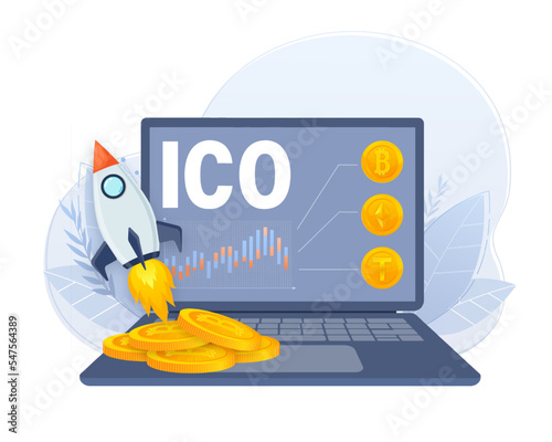 Initial coin offering, ICO Token production process vector illustration. Cryptocurrency trading desk, bitcoin futures, financial technology, blockchain ICO abstract metaphor.