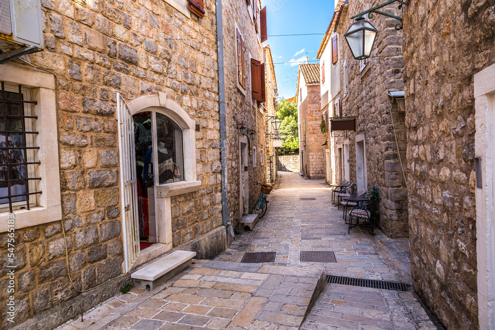 Narrow street in old town in Budva