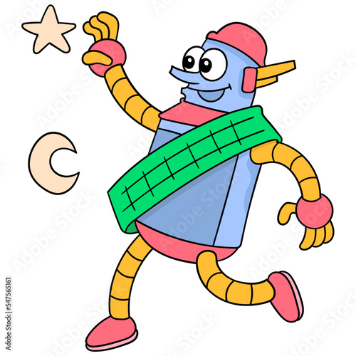 Vector illustration of a cute cartoon robot catching a star