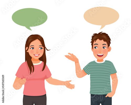 young couples woman and man having conversation talking to each others with speech bubbles