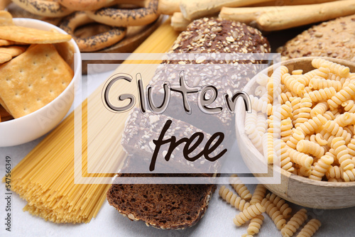 Different gluten free products on grey table