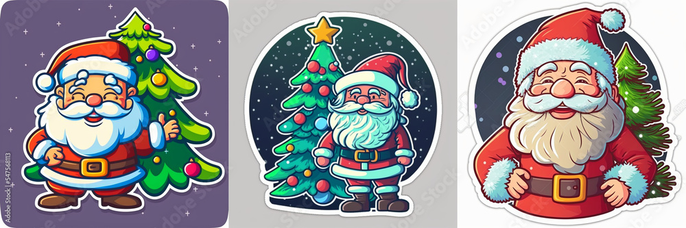 Collection sticker vector design of Santa Claus with Christmas tree. Collection sticker vector design of Santa Claus with Christmas tree.