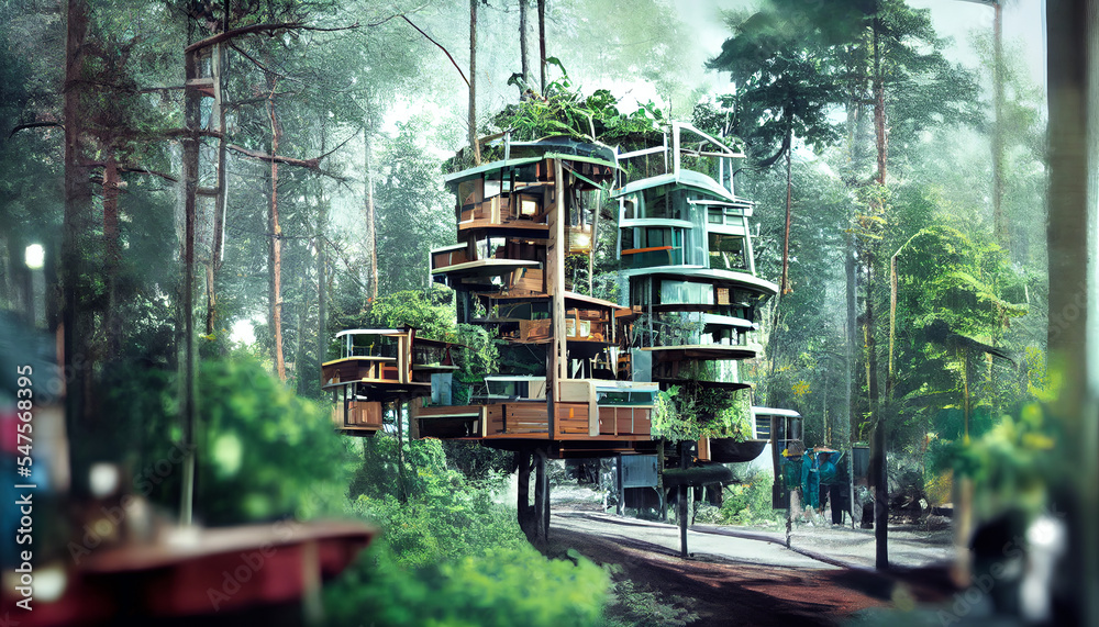 Spectacular concept art of environmental friendly modern treehouse with