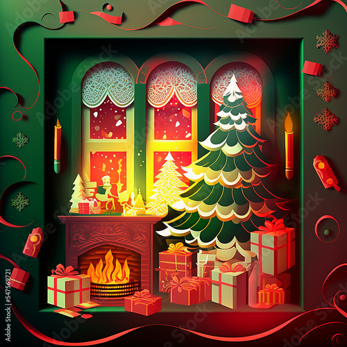 3d layered paper craft cut illustration of a traditional christmas holiday scene with presents spread around the decorated tree in front of an inviting fireplace