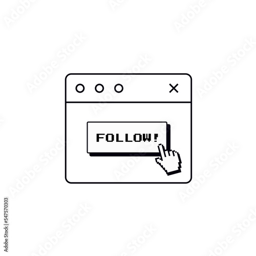 Follow Social Media Banner Template. Clear White Design. Neubrutalist Y2K Pixel Retro Game Illustration. Button for Making Followers. Pink and Yellow.