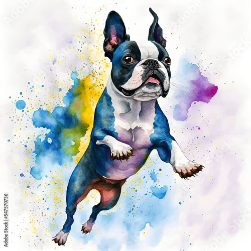 expressive watercolor painting of a boston terrier portrait