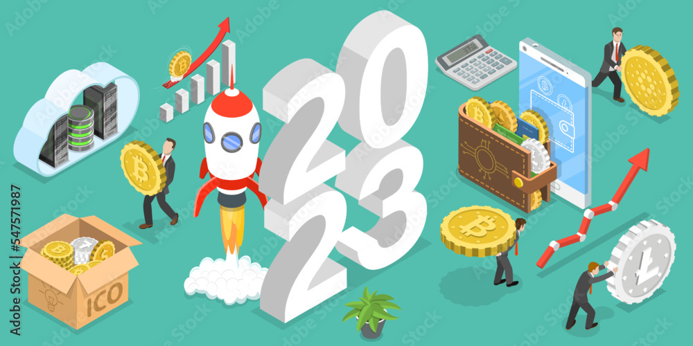 3D Isometric Flat Vector Conceptual Illustration of New Year 2023 Cryptocurrency Trends, Digital Money And Blockchain Technology