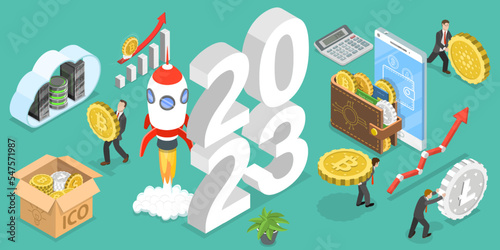 3D Isometric Flat Vector Conceptual Illustration of New Year 2023 Cryptocurrency Trends, Digital Money And Blockchain Technology