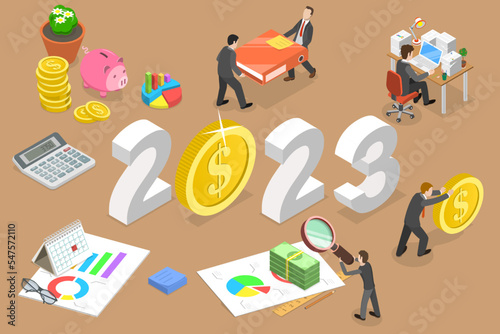 3D Isometric Flat Vector Conceptual Illustration of New Year 2023 And Financial Audit, Company Performance, Analysis And Statistics