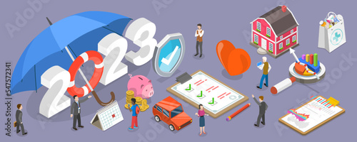 3D Isometric Flat Vector Conceptual Illustration of Insurance Resolutions For New 2023 Year, Family Health Insurance Plans