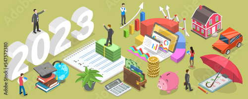 3D Isometric Flat Vector Conceptual Illustration of Budget For New 2023 Year, Business Or Family Financial Planning