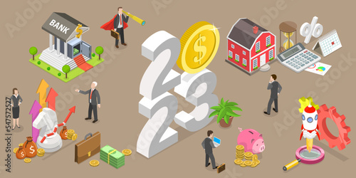 3D Isometric Flat Vector Conceptual Illustration of New Year 2023 And Investment Strategy, Financial Management And Business Growth